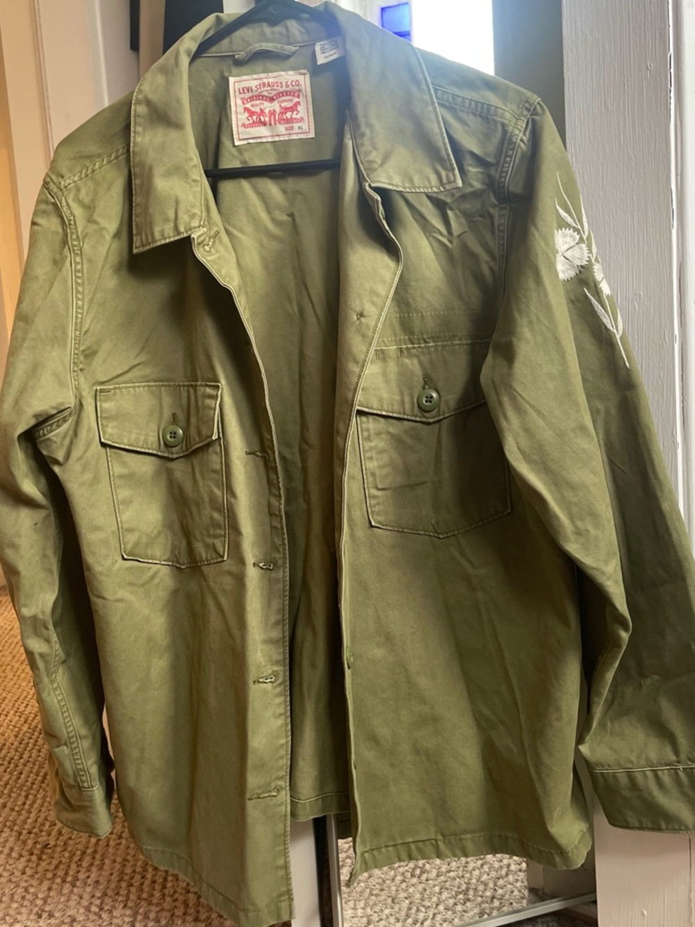 Levi's Olive Green Utility Jacket w/ Buttoned Pockets & Feminine Knit Patch Work
